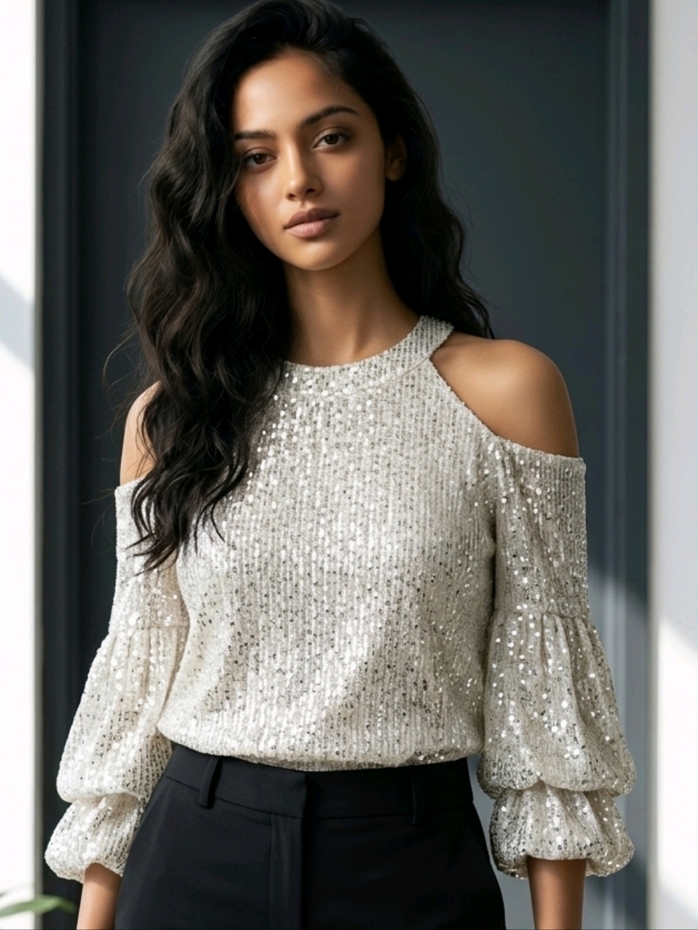 CeCe Metallic Champagne Sequin Cold-Shoulder Blouse